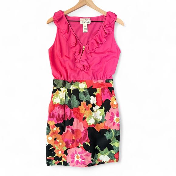 Anthropologie Tabitha Great Escape Sheath Dress Pink Black Zip‎ Ruffle Floral 6 - Picture 2 of 6
